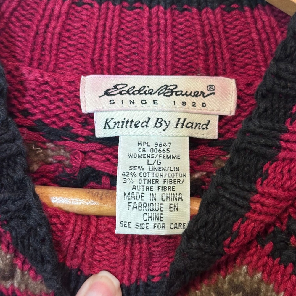 Eddie Bauer Hand Knitted Reindeer Sweater Red Linen Cotton Fair Isle Womens L - Picture 5 of 9
